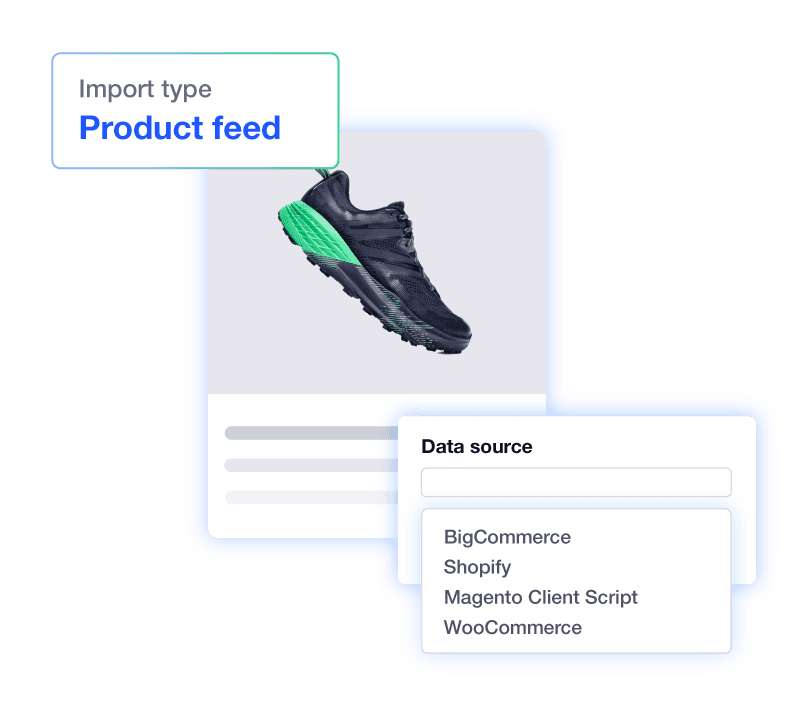 Multichannel feed management platform interface for importing product data from Shopify, BigCommerce, Magento, and WooCommerce.