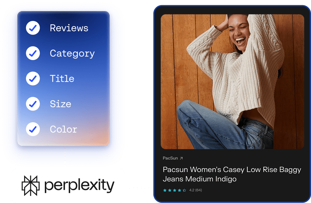 Perplexity AI integration for ecommerce fashion, automating attributes like reviews, category, and size for PacSun jeans.