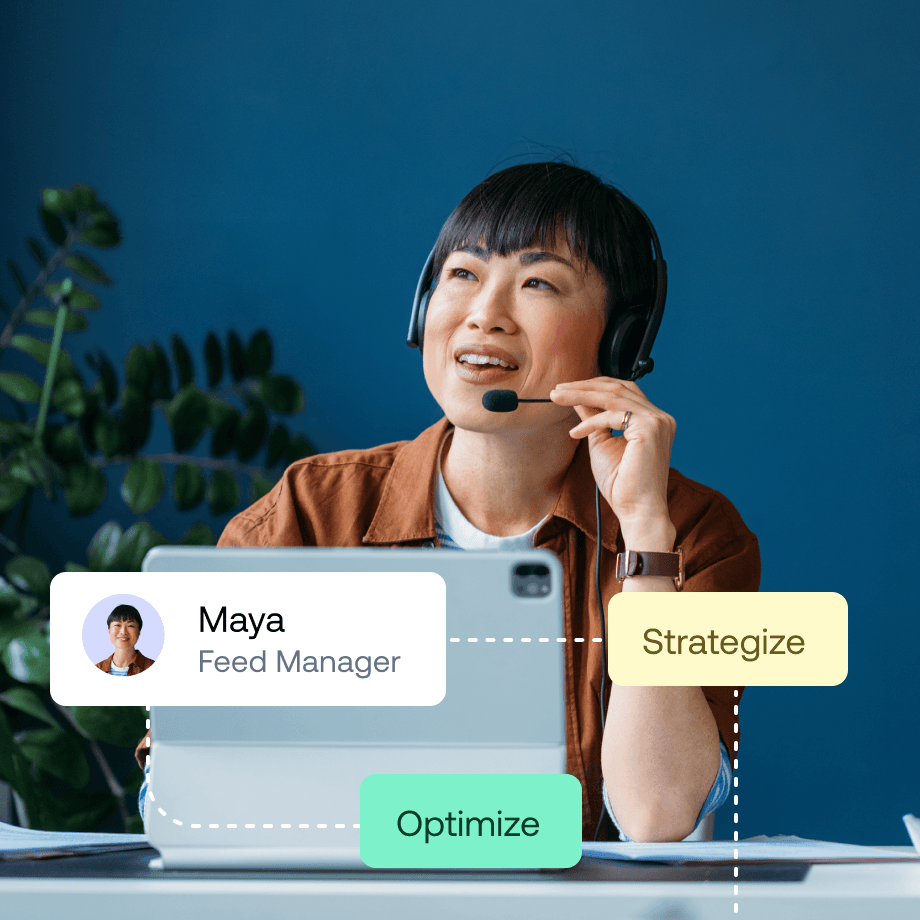 Feed Manager Maya using a headset and tablet with UI elements for "Strategize" and "Optimize."