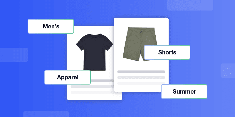 Product categorization example showing a black t-shirt and green shorts with category labels: Men's, Apparel, Shorts, and Summer
